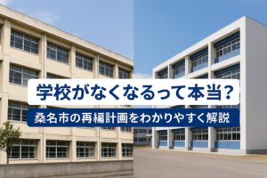 古い校舎と新しい校舎を並べて比較した合成写真