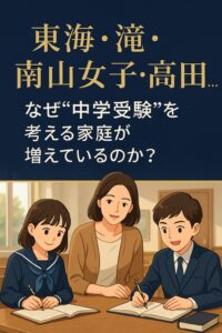 東海・滝・南山女子・高田中学校に注目する保護者と小学生のイラスト