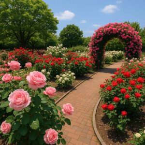 春の日差しの中で満開のバラが咲き誇る三重県桑名市のバラ園の風景。赤・白・ピンクのバラが小道の両側に咲き、アーチを彩る。
