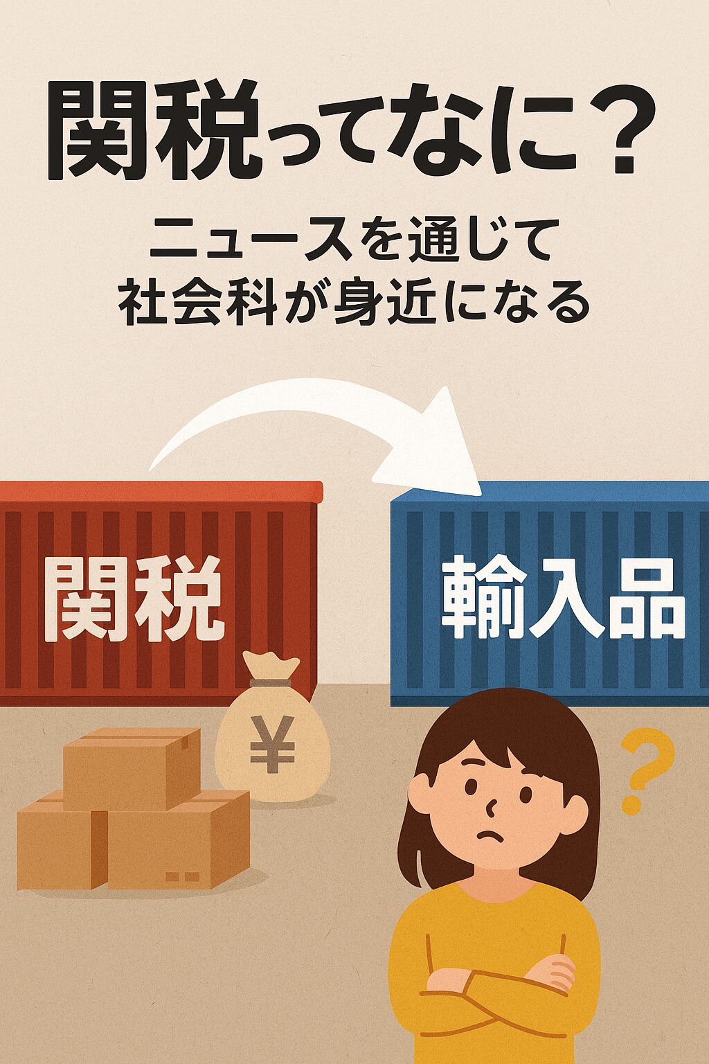 「関税とはなに？」という日本語タイトルが中央に大きく表示された教育用ポスター。背景にはコンテナ船、貨物、飛行機、国境を示すアイコンが描かれており、貿易や国際経済をテーマにしたデザイン。