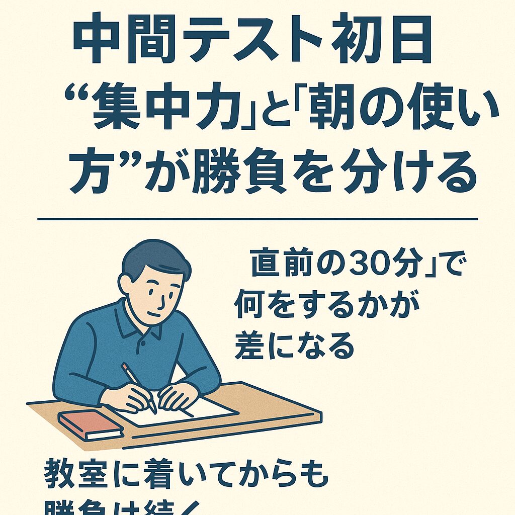中間テスト初日の集中力と朝の使い方に関する男子高校生のイラストポスター