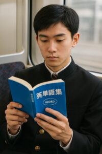 通学電車の中で英単語帳に集中する男子高校生