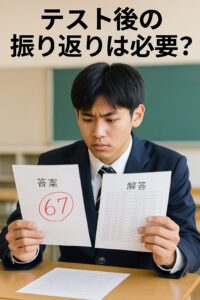 答案と模範解答を見比べながら集中して振り返る男子高校生