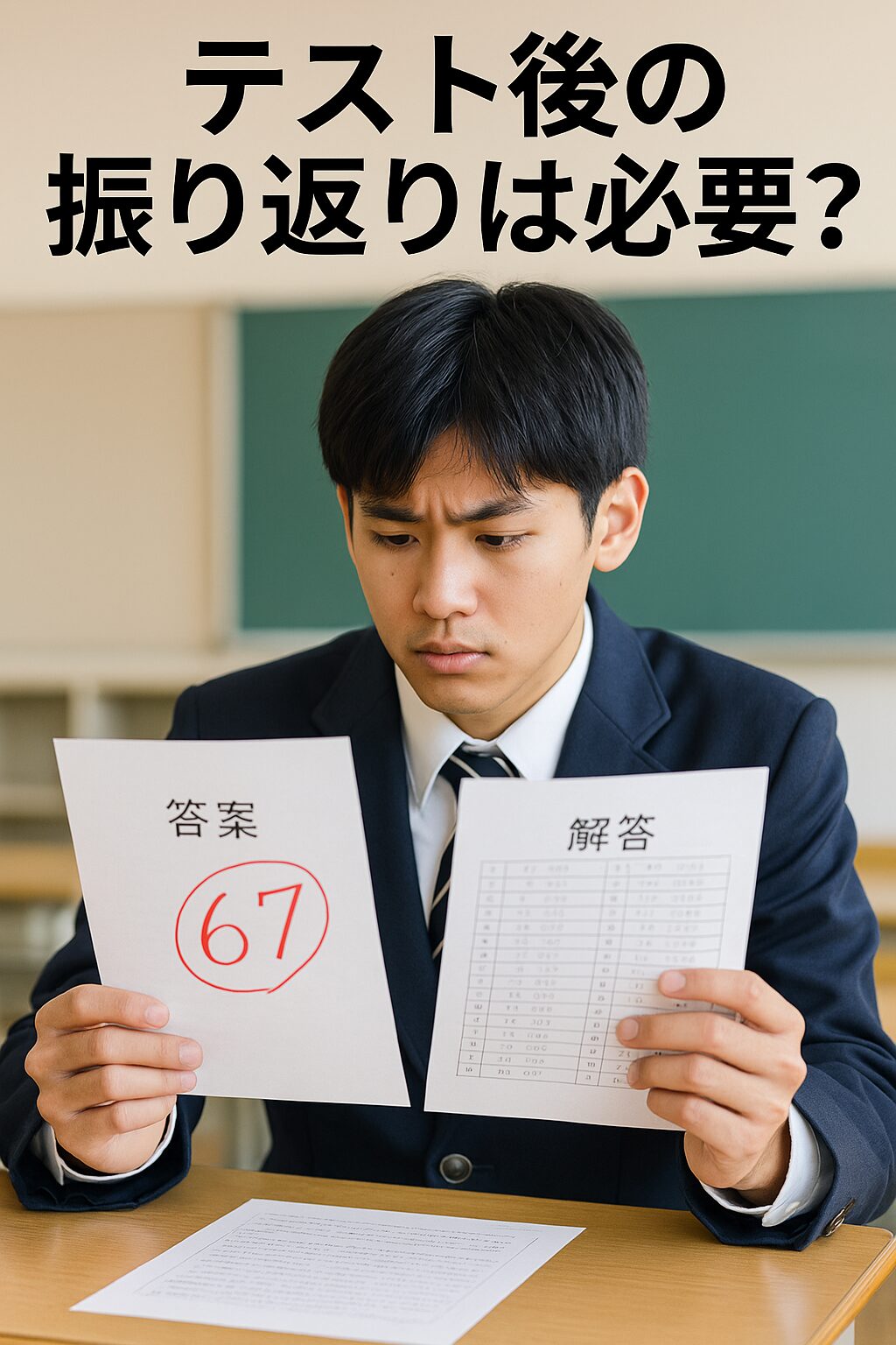 答案と模範解答を見比べながら集中して振り返る男子高校生