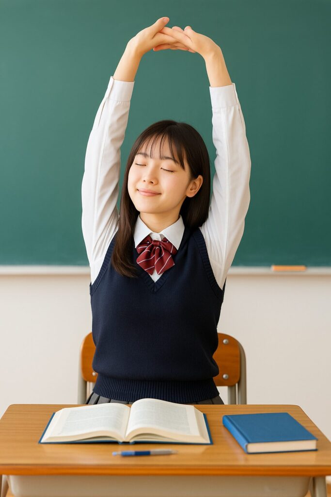 教室で机に座り、両手を上げて伸びをしている女子高校生