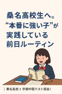 机の前に座る女子生徒。赤いリボンをして本を読んでいる。「桑名高校生へ本番に強い子が実践している全汁ルーティン」と書かれている。