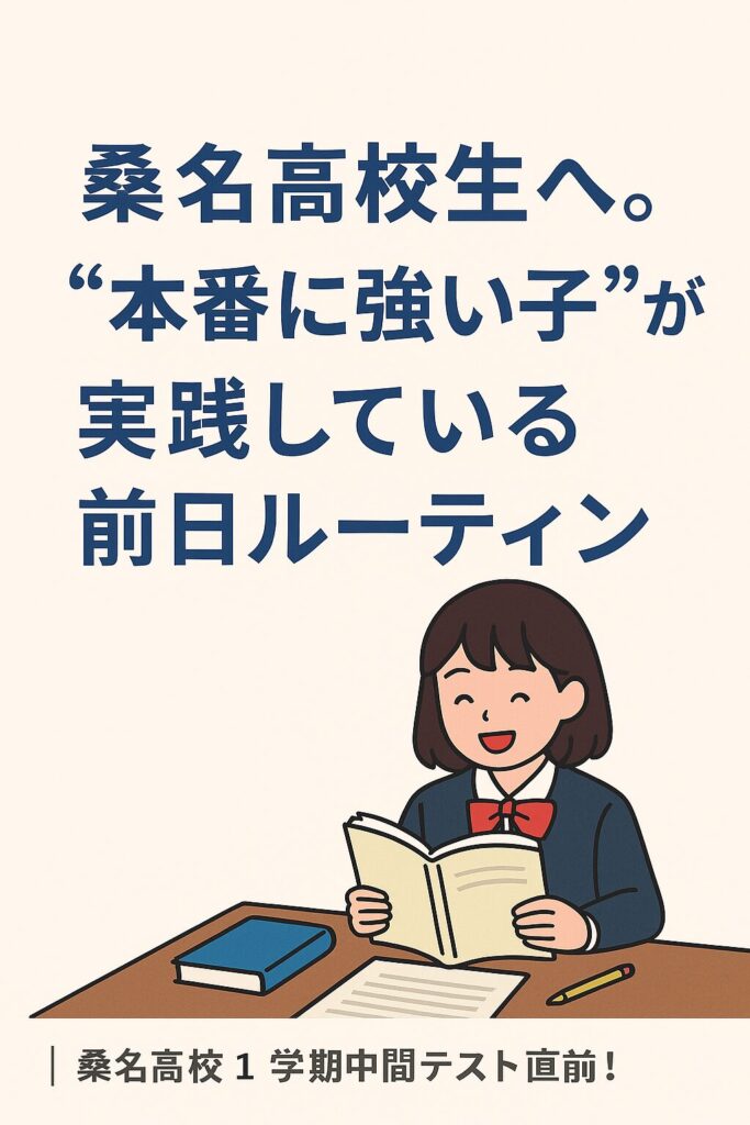 机の前に座る女子生徒。赤いリボンをして本を読んでいる。「桑名高校生へ本番に強い子が実践している全汁ルーティン」と書かれている。