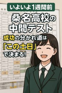 中間テスト1週間前の高校生が、自習机で集中して勉強しているイメージ。桑名高校のテスト対策を意識した構図。