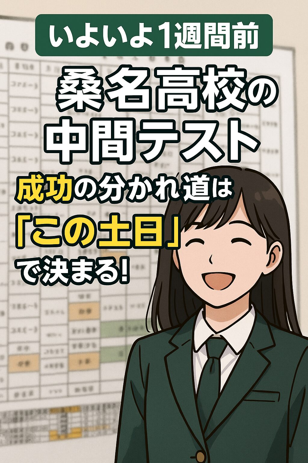 中間テスト1週間前の高校生が、自習机で集中して勉強しているイメージ。桑名高校のテスト対策を意識した構図。