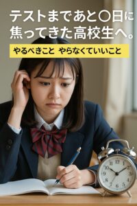 テスト直前に焦りながら勉強に取り組む日本の高校生の女性。ノートとペンを持ち、集中しようとする姿。