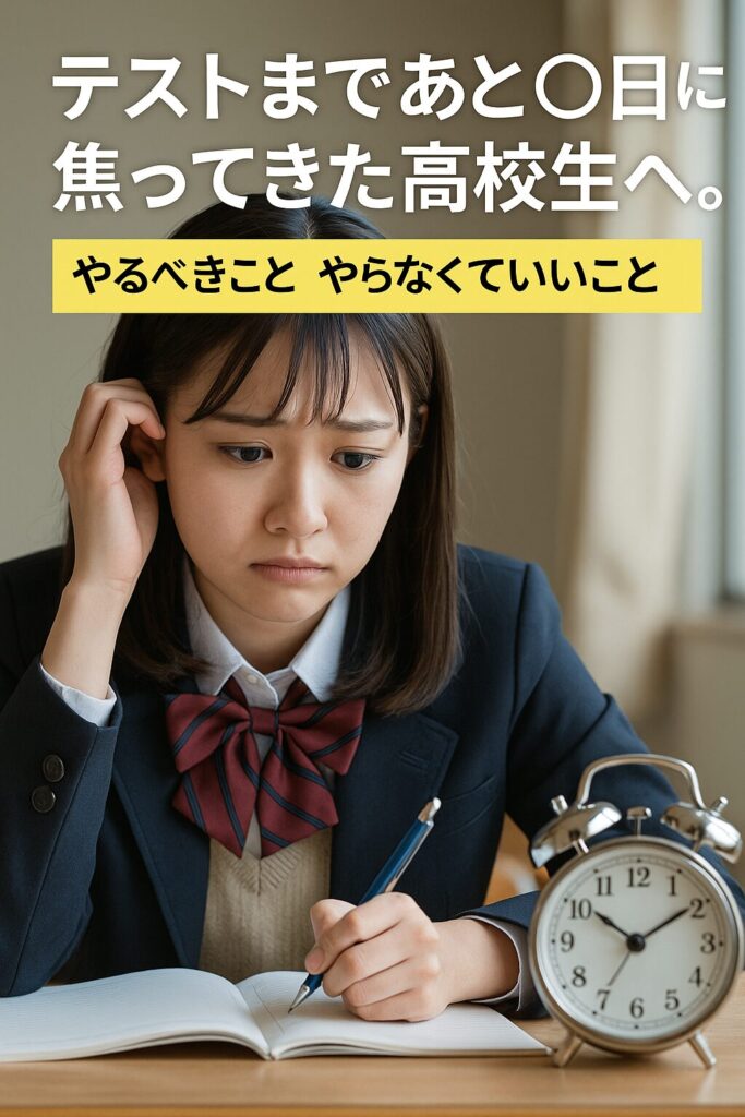 テスト直前に焦りながら勉強に取り組む日本の高校生の女性。ノートとペンを持ち、集中しようとする姿。