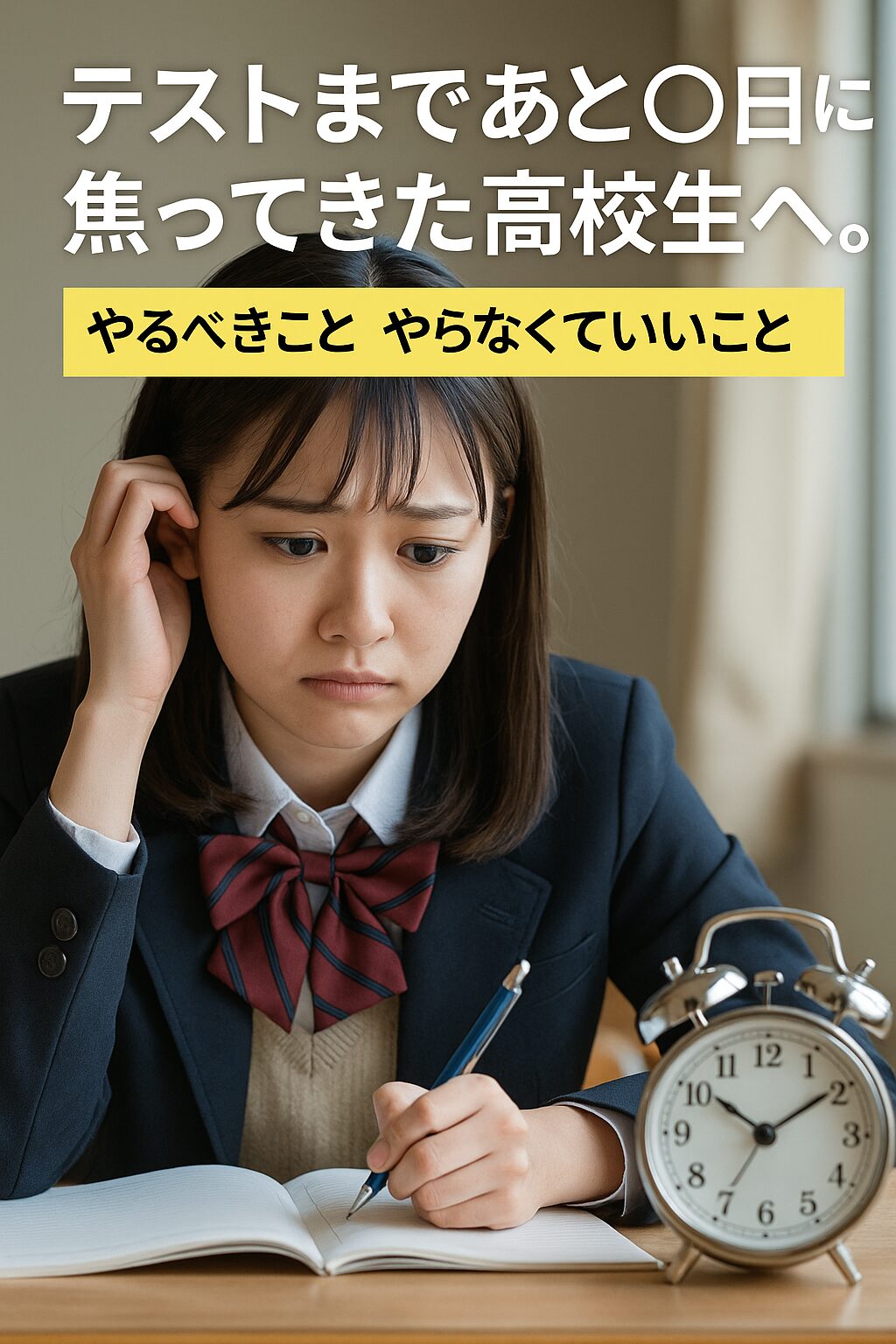 テスト直前に焦りながら勉強に取り組む日本の高校生の女性。ノートとペンを持ち、集中しようとする姿。