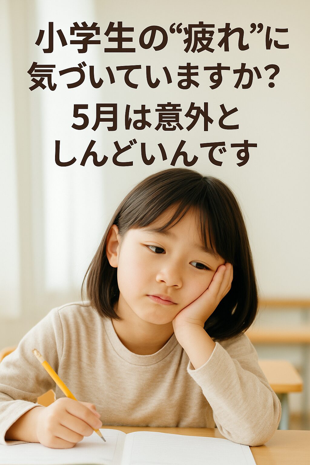 少し疲れた様子の小学生の女の子が机に向かい、頬杖をついて物思いにふけっている。明るい室内で、春の光が差し込む静かな学習シーン。