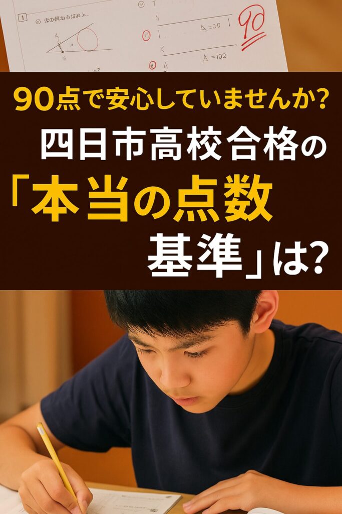 四日市高校合格を目指す中学生がテスト勉強をしている様子と「90点で安心していませんか？四日市高校合格の本当の点数基準は？」というメッセージ