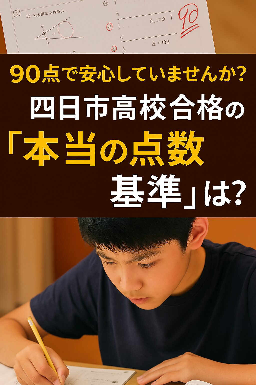 四日市高校合格を目指す中学生がテスト勉強をしている様子と「90点で安心していませんか？四日市高校合格の本当の点数基準は？」というメッセージ
