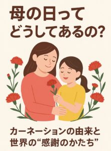 母の日の由来とカーネーションの意味を伝える日本語の教育ポスター。優しい色合いの背景に、カーネーションと親子のイラスト、そして“感謝を言葉に”というメッセージが描かれている。