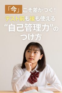 中学生の制服姿の女の子が机に座って考え込む様子。上部に「今こそ差がつく！テスト前も後も使える“自己管理力”のつけ方」というキャッチコピーが掲載された教育系ポスター。