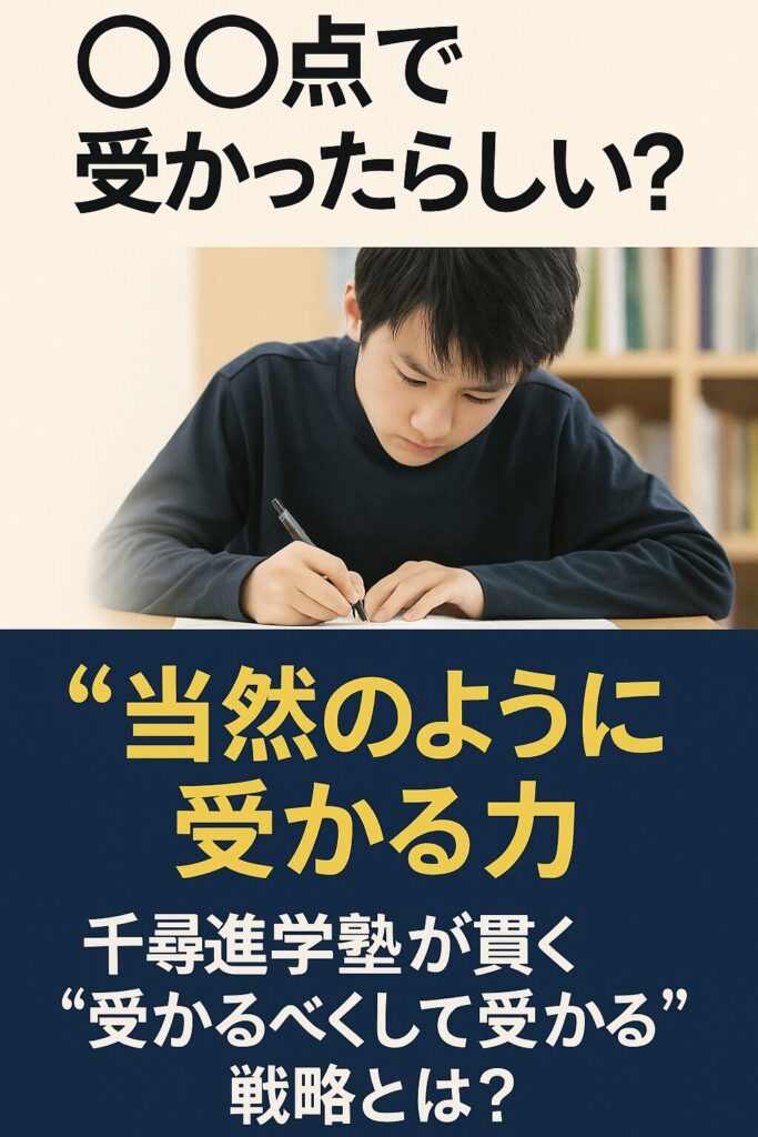 試験勉強に集中する中学生と「〇〇点で受かったらしい？“当然のように受かる力”を育てる千尋進学塾の合格戦略」というメッセージが書かれた四日市高校受験向けプロモーション画像