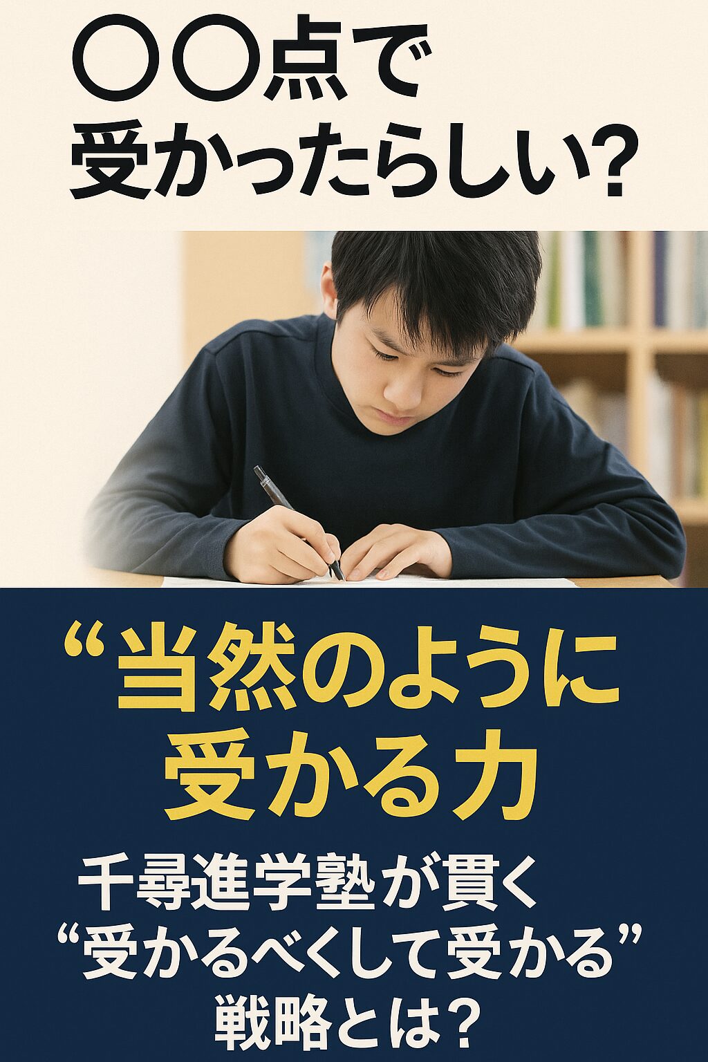 試験勉強に集中する中学生と「〇〇点で受かったらしい？“当然のように受かる力”を育てる千尋進学塾の合格戦略」というメッセージが書かれた四日市高校受験向けプロモーション画像
