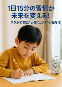 机に向かって集中して勉強する東アジア系の小学生の男の子。鉛筆を手に、真剣な表情でノートに書き込んでいる。
