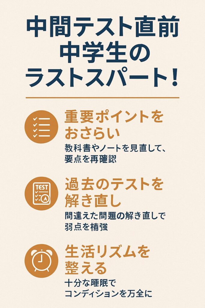 制服姿の中学生が机に向かい考え込んでいる背景に、「前日は整える」「当日は落ち着いて挑む」などテスト直前に役立つアドバイスが記載された日本語の教育用ポスター。