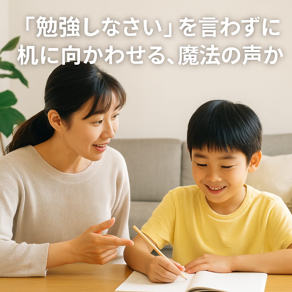 小学生の男の子にやさしく声をかけながら見守る母親。リビングのテーブルで、勉強に取り組もうとする子どもと、穏やかな雰囲気の親子のやりとり。