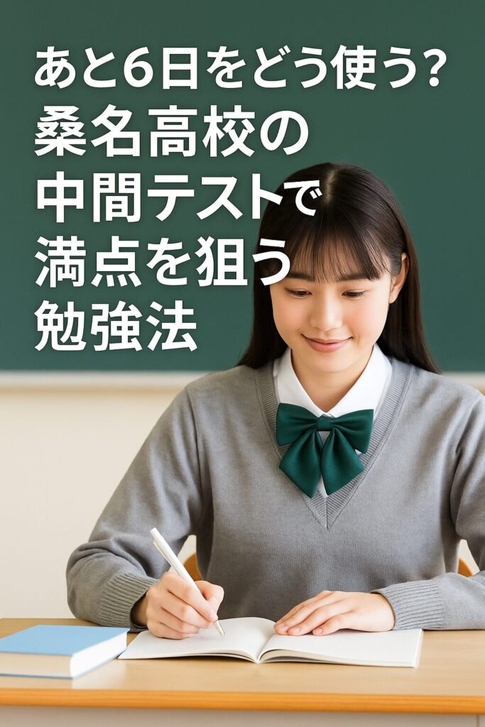中間テスト6日前、桑名高校の女子生徒が集中して勉強している様子。制服は緑のリボンとグレーカーディガン。
