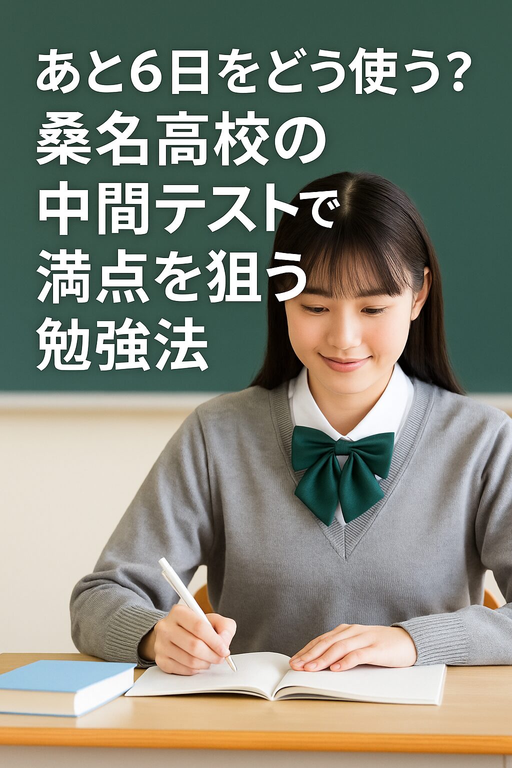 中間テスト6日前、桑名高校の女子生徒が集中して勉強している様子。制服は緑のリボンとグレーカーディガン。