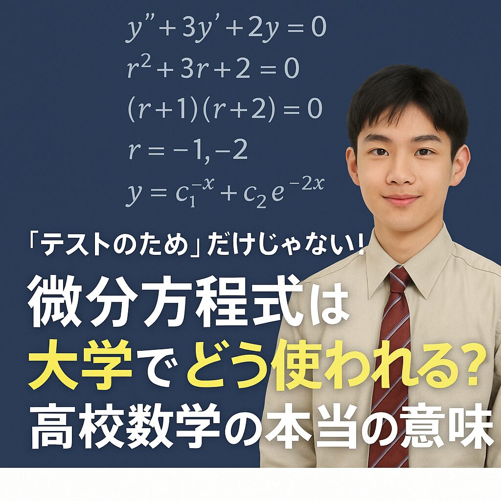 高校数学を学ぶ男子高校生と、微分方程式の解法（特性方程式）の数式が黒板風に表示された学習シーン。「微分方程式は大学でどう使われる？」というメッセージ付き。