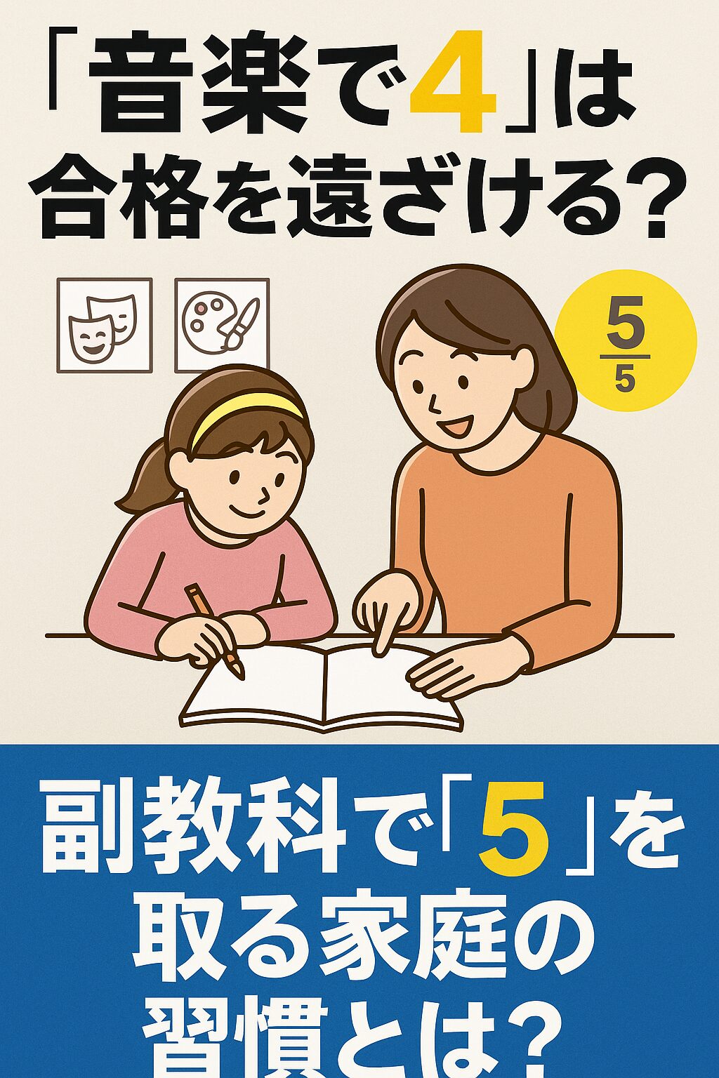 母親と一緒に勉強する子どものイラストと「音楽で4は合格を遠ざける？副教科で5を取る家庭の習慣とは？」というメッセージを掲載した教育ポスター風画像