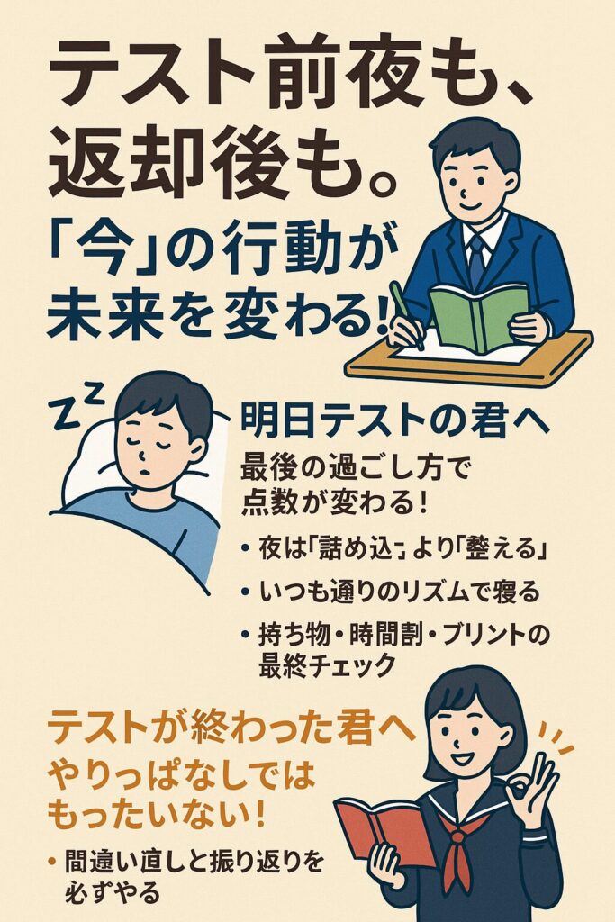 中学生の制服姿の男女が登場し、「テスト前夜は整えて」「返却後は振り返って」と行動の差を強調する日本語ポスター。学習アドバイスと応援メッセージを視覚的に伝えている。