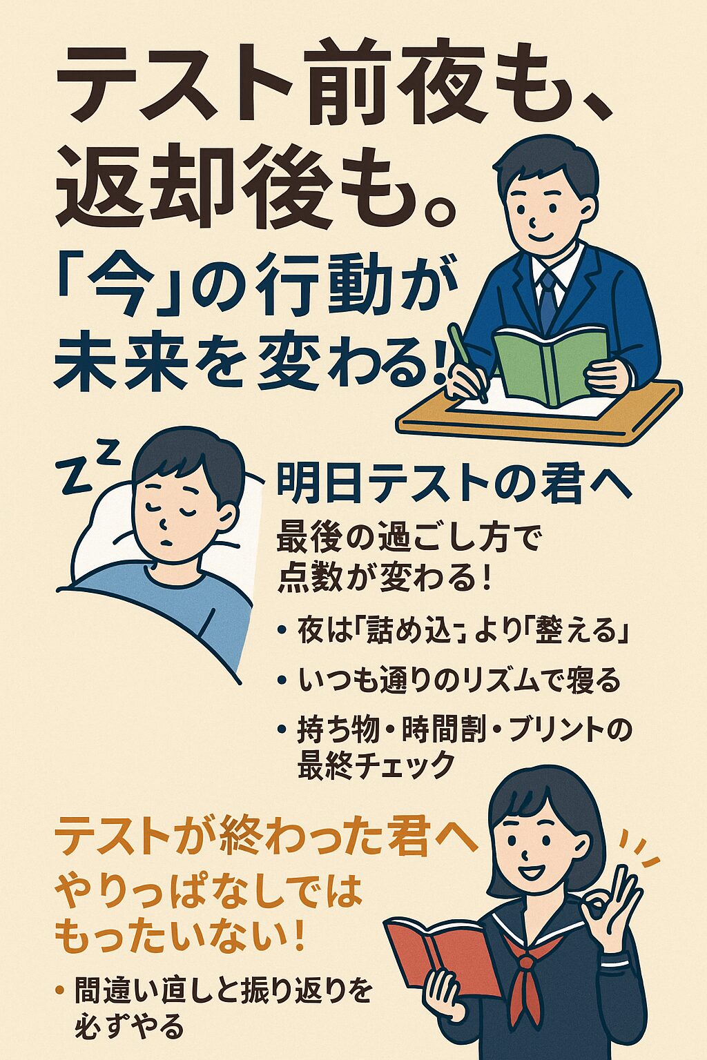 中学生の制服姿の男女が登場し、「テスト前夜は整えて」「返却後は振り返って」と行動の差を強調する日本語ポスター。学習アドバイスと応援メッセージを視覚的に伝えている。