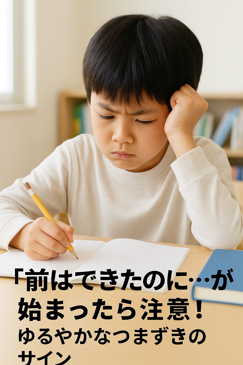 小学生の男の子が問題に悩みながら鉛筆を持ち、机の上のノートを見つめている。少し困ったような表情で、学習につまずいている様子。