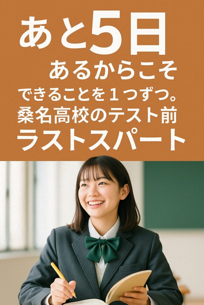 桑名高校の中間テスト5日前、勉強に集中する女子高校生の様子。緑のリボンとグレーカーディガンの制服で机に向かっている。