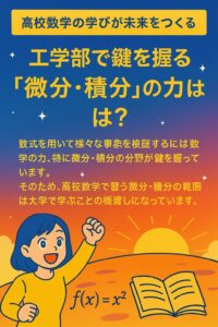高校数学の微分・積分が大学の工学部で必要とされることを伝える日本語の教育ポスター。元気な女子学生と朝日のイラスト付き。