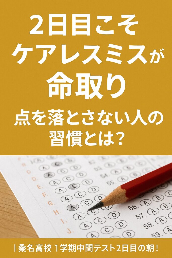 解答用紙と赤鉛筆の写真に、「2日目こそケアレスミスが命取り」「点を落とさない人の習慣とは？」というメッセージが載った縦長画像