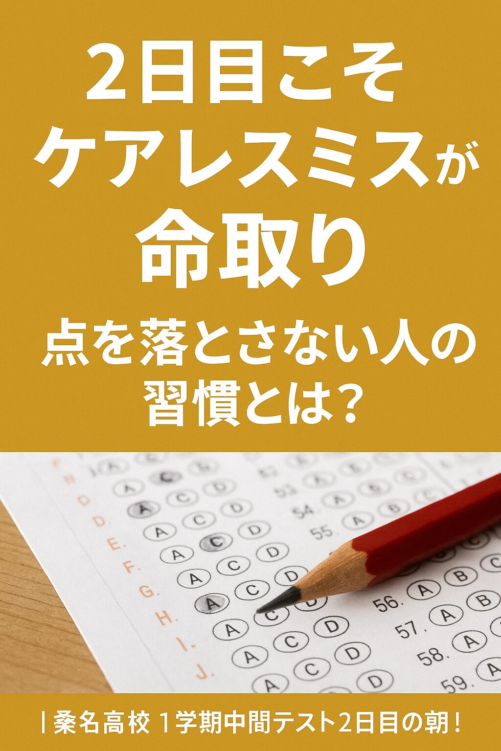 解答用紙と赤鉛筆の写真に、「2日目こそケアレスミスが命取り」「点を落とさない人の習慣とは？」というメッセージが載った縦長画像