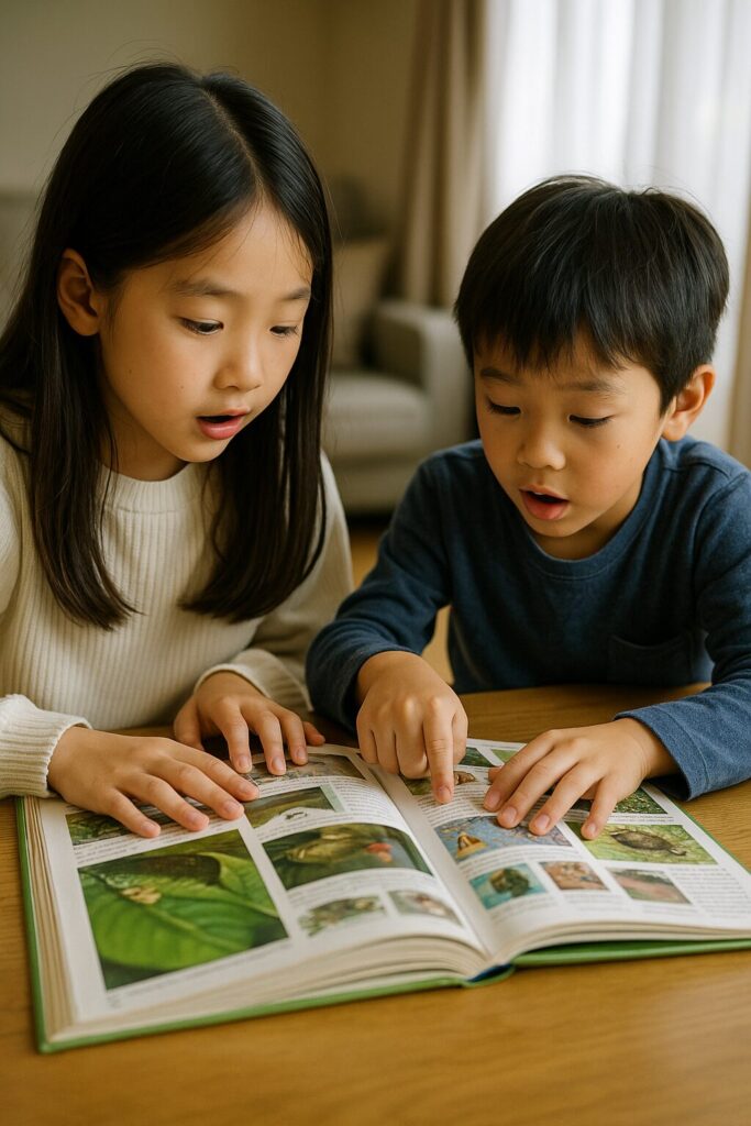 図鑑を夢中で読む小学生の男女