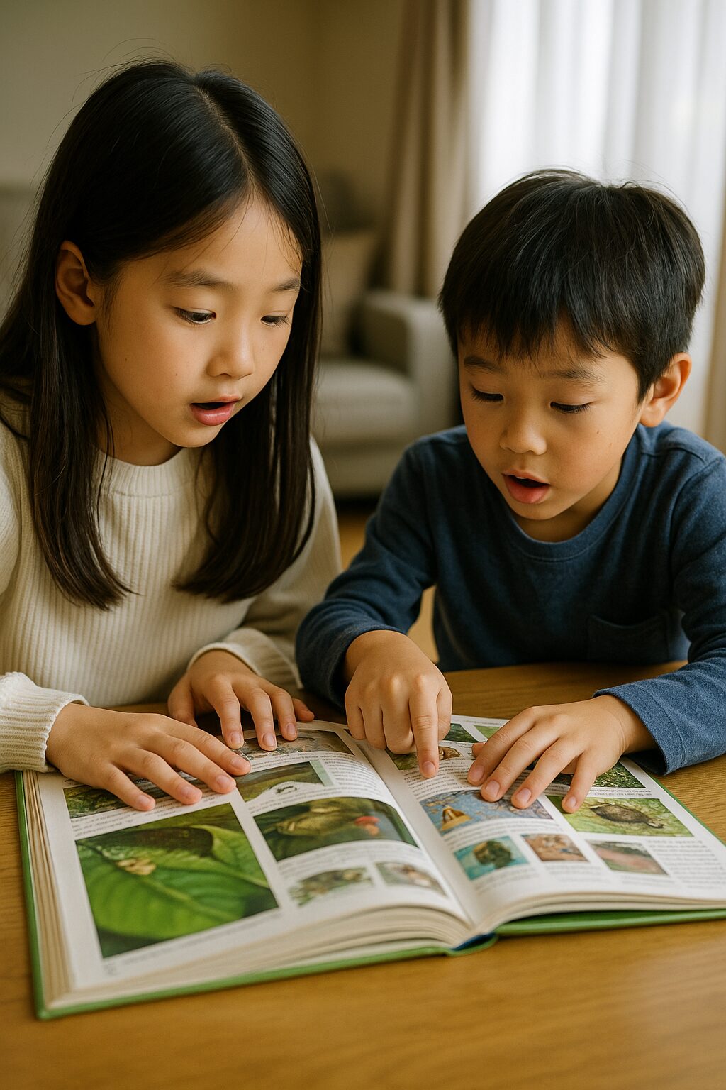 図鑑を夢中で読む小学生の男女
