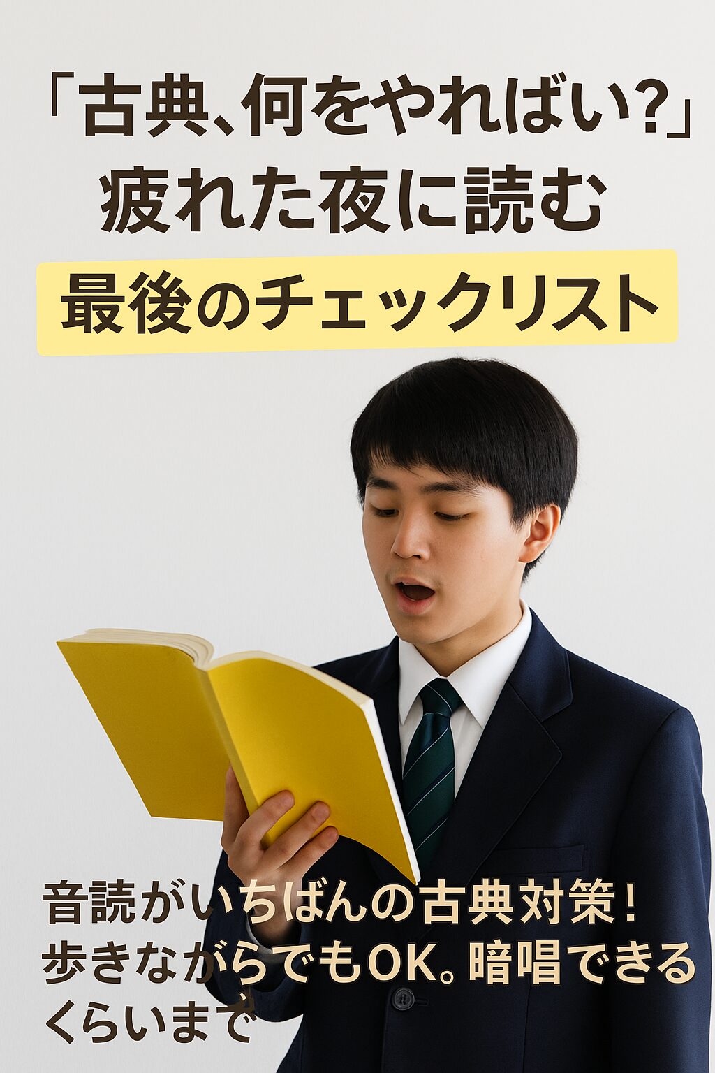 A Japanese high school student in a navy blazer and green-striped tie reads aloud from a yellow book, promoting classical literature study through repetition and vocal practice.
