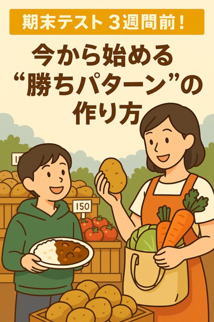 カレーの材料を買いに来た母親と息子が市場で会話しているイラスト。母は買い物バッグを持ち、息子はカレーライスを手にして笑顔を交わす。背景には野菜売り場と「期末テスト3週間前！」の見出し。