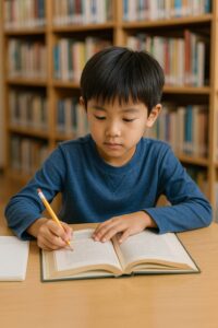 図書館で本を読みながらメモをとる小学生の男の子