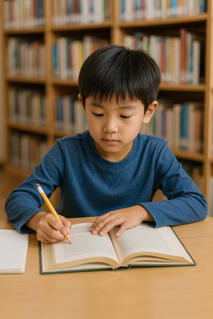 図書館で本を読みながらメモをとる小学生の男の子