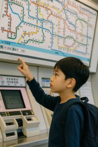 駅の切符売り場で路線図を見つめる小学生の男の子