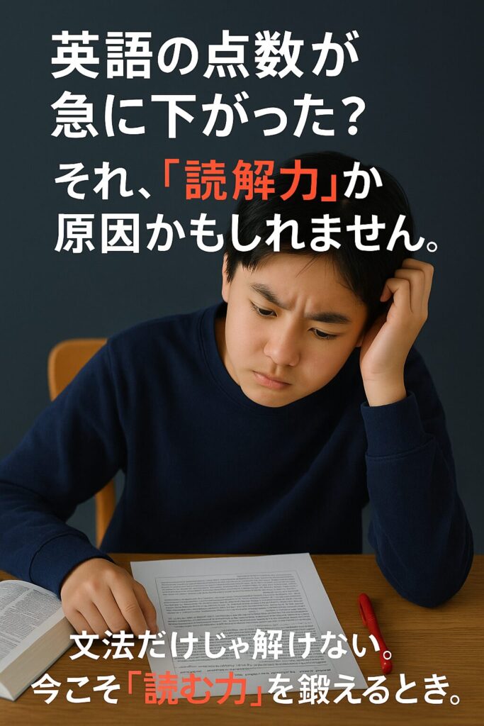 英語の長文読解に苦戦する中学生の男の子。辞書と赤ペンを手元に置き、困った表情でプリントに向かっている。画像には「英語の点数が急に下がった？それ、“読解力”が原因かもしれません。」というメッセージ入り。
