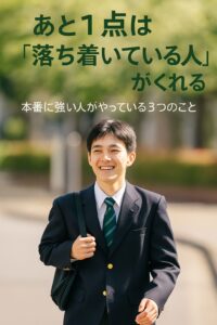 A smiling Japanese high school student in a navy blazer and green-striped tie walks confidently to school on a sunny morning, embodying focus and calmness before an exam.
