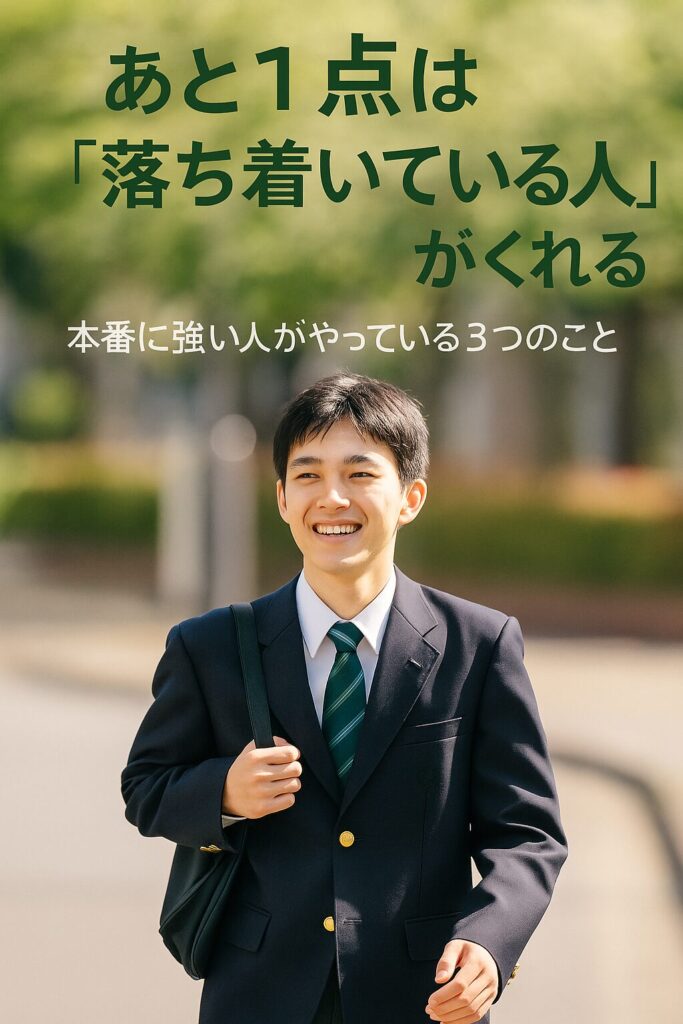 A smiling Japanese high school student in a navy blazer and green-striped tie walks confidently to school on a sunny morning, embodying focus and calmness before an exam.