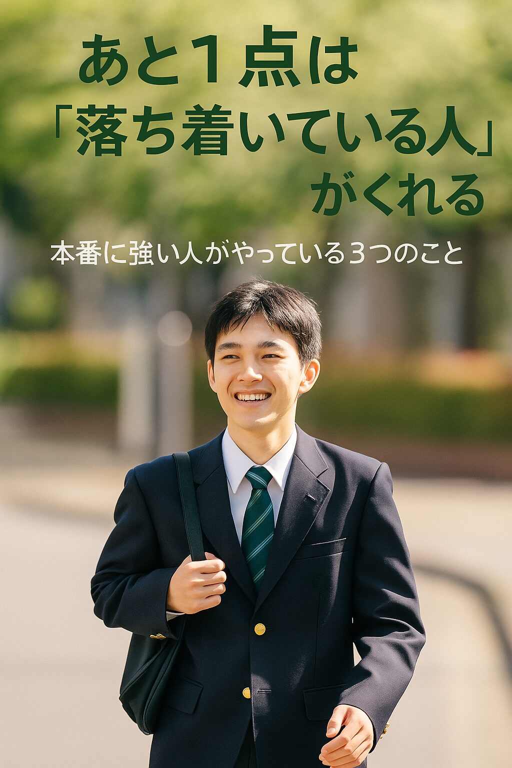 A smiling Japanese high school student in a navy blazer and green-striped tie walks confidently to school on a sunny morning, embodying focus and calmness before an exam.