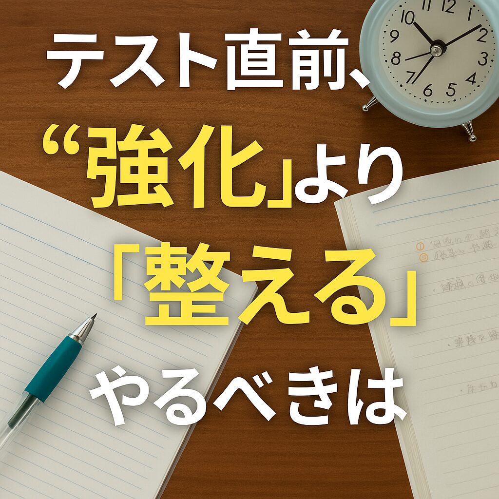 ノートと青い時計が置かれた机の上に、「テスト直前、“強化”より“整える” やるべきは」という文字が書かれた画像