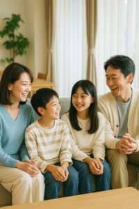リビングで笑顔で団らんする家族4人の様子